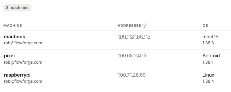 Tailscale dashboard showing my three devices Tailscale dashboard showing my three devices