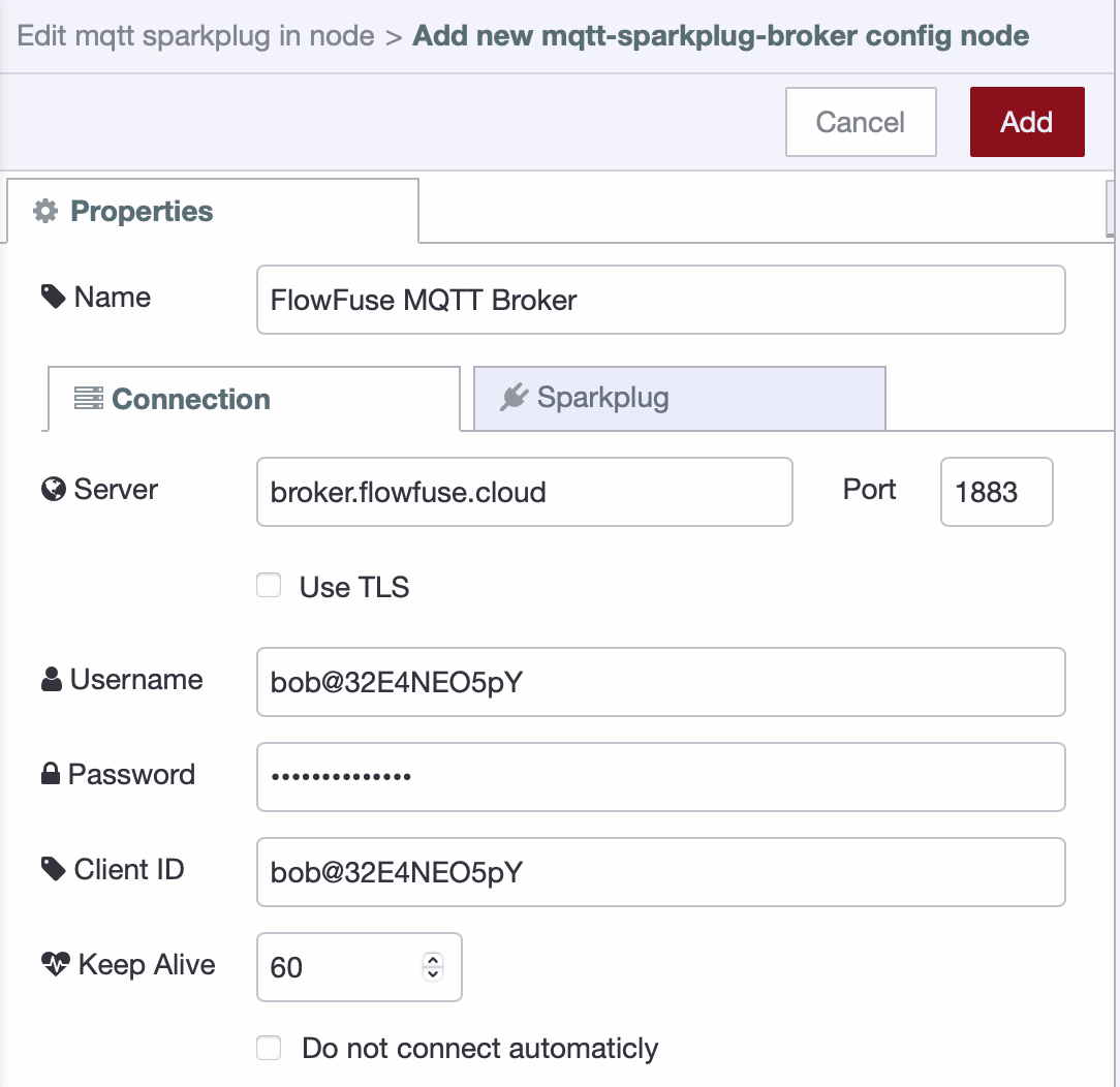 Screenshot showing the configuration of Sparkplug broker config node